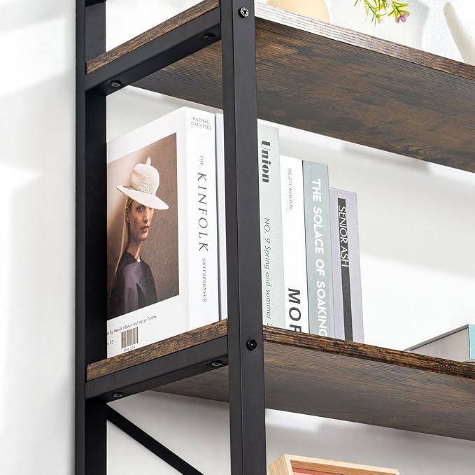 5 Tier Bookshelf Rustic Industrial Style, Storage Shelves, Metal Book Shelves Bookcase Book Shelf Display Shelf for Home Office, Living Room, Bedroom, Kitchen (23.6" W, Brown) - LeafyLoom