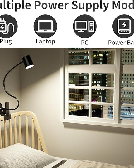 Dott Arts Desk Lamp,USB Clip On Light with 3 Color Modes,LED 10 Levels Brightness Reading Light, 360°Gooseneck Book Light,Eye-Care Reading Lamp for Home Office,Headboards Black - LeafyLoom