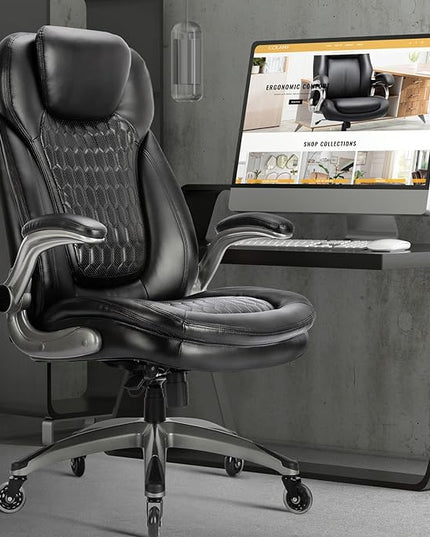 COLAMY Office Chair-Ergonomic Computer Desk Chair with Thick Seat for Comfort, High Back Executive Chair with Padded Flip-up Arms, Stylish Leather Chair with Upgraded Caster for Swivel (Black, 300lbs) - LeafyLoom