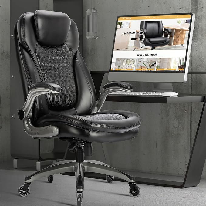 COLAMY Office Chair-Ergonomic Computer Desk Chair with Thick Seat for Comfort, High Back Executive Chair with Padded Flip-up Arms, Stylish Leather Chair with Upgraded Caster for Swivel (Black, 300lbs) - LeafyLoom