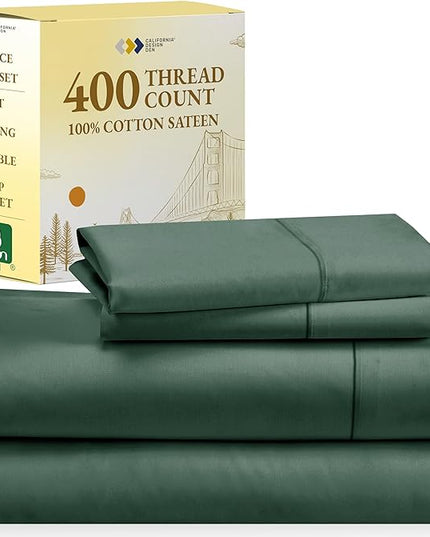 California Design Den Softest 100% Cotton Sheets, Full Size Sheet Sets, 4 Pc, 400 Thread Count Sateen Bedding, Deep Pocket Sheets, Cooling Sheets, Full Size Sheets, Breathable Bed Set (Hunter Green) - LeafyLoom