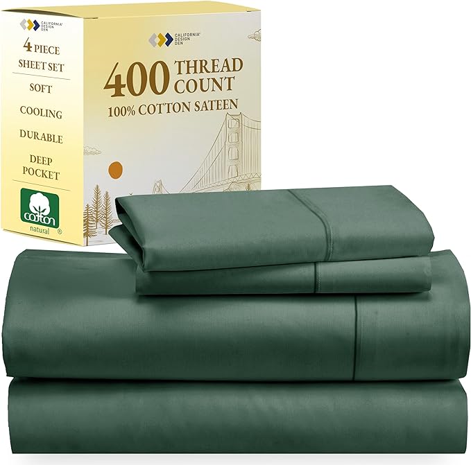 California Design Den Softest 100% Cotton Sheets, Full Size Sheet Sets, 4 Pc, 400 Thread Count Sateen Bedding, Deep Pocket Sheets, Cooling Sheets, Full Size Sheets, Breathable Bed Set (Hunter Green) - LeafyLoom