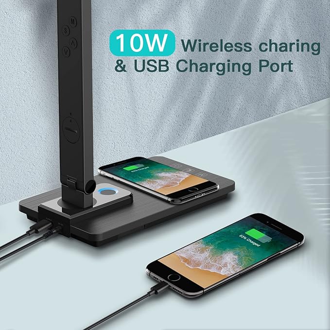 LED Desk Lamp with Wireless Charger, USB Charging Port, Sliding Dimmable Auto Timer Table Lamp with Night Light, Desk Lights with Clock for Study Reading Home Office - LeafyLoom