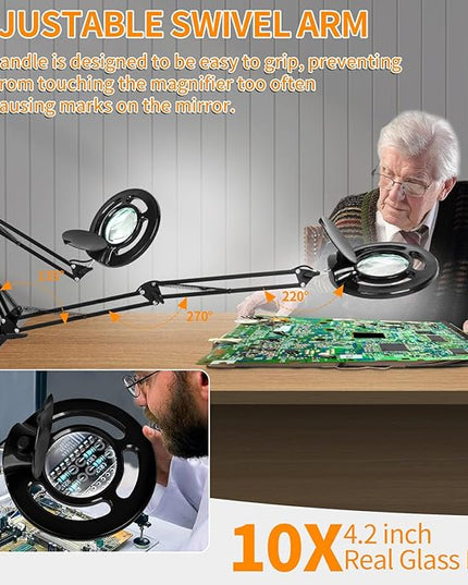 HITTI 10X Long Magnifying Glass with Light and Stand, 2200 Lumens Dimmable Bright LED Lighted Magnifier, Ajustable Swing Arm Magnifying Desk Lamp with Clamp, Hands Free for Hobby Repair Workbench - LeafyLoom