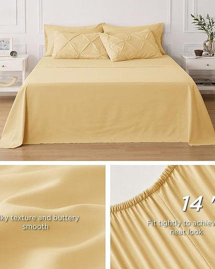 Bedsure Twin Comforter Set with Sheets - 5 Pieces Twin Bedding Sets, Pinch Pleat Yellow Twin Bed in a Bag with Comforter, Sheets, Pillowcase & Sham - LeafyLoom