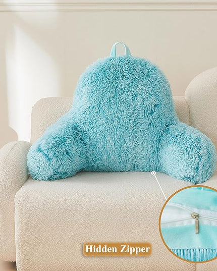 XeGe Faux Fur Reading Pillow Cover (No Filler), Fluffy Back Rest Pillow Case for Bed Sitting Up, Adults Kids Gaming Shaggy Sit Up Back Support Pillow Cover with Arms for Couch Chair Car, Aqua Ombre - LeafyLoom