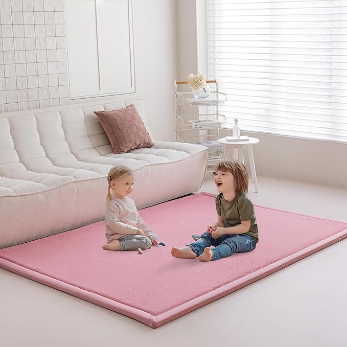 Faux Rabbit Fur Rug - 1.18" Thick Soft Fluffy Area Rug, Non-Slip Memory Foam Crawling Mat, Light Pink, 59"x59" - LeafyLoom