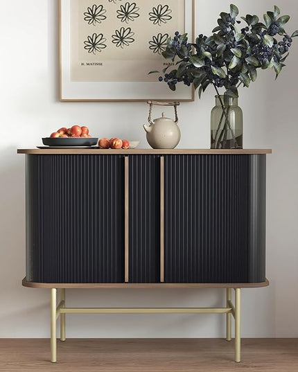 roomfitters Sideboard Buffet Cabinet with Sliding Doors, Mid Century Modern Credenza with 2 Tambour Doors, Minimalist Accent Storage Cabinet for Living Room, Media Console with Storage, Walnut Black - LeafyLoom