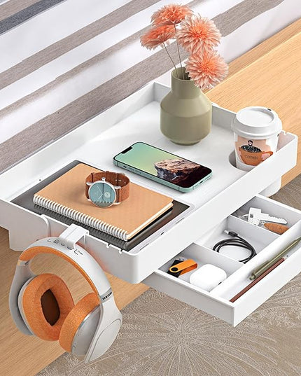 SPACELEAD Bedside Shelf for Bed – College Dorm Room Clip On Nightstand with Cup Holder & Cord Holder&Drawer – Bunk Bed Shelf for Organizer Top for Bedroom (White，Plastic) - LeafyLoom