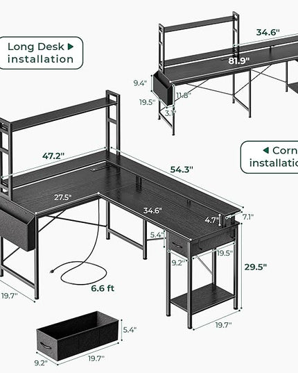 L Shaped Desk Gaming Desk with LED Lights & Power Outlets, Computer Desk with Storage Shelves, Corner Desk Home Office Desks for Bedroom, Black - LeafyLoom