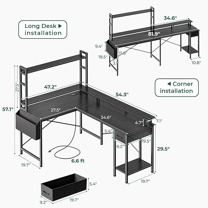 L Shaped Desk Gaming Desk with LED Lights & Power Outlets, Computer Desk with Storage Shelves, Corner Desk Home Office Desks for Bedroom, Black - LeafyLoom