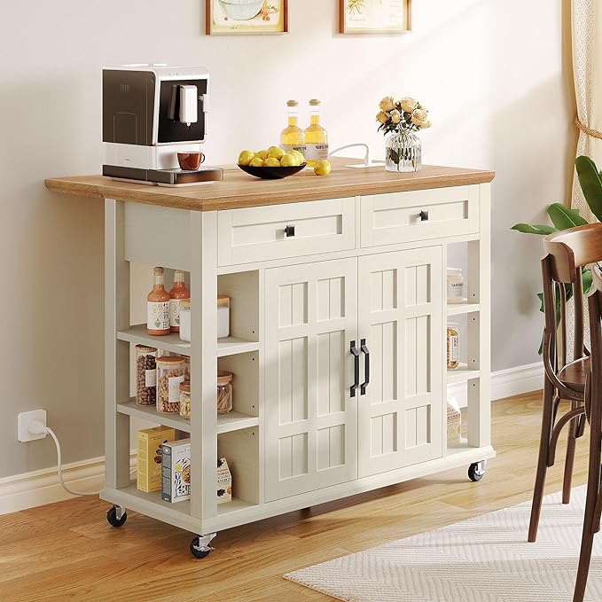 YITAHOME Kitchen Island with Drop Leaf & Power Outlet, Rolling Kitchen Cart on Wheels, Americana Kitchen Island Cabinet with Open Shelves for Kitchen Dining Room, Thicker Rubberwood Top, Off White - LeafyLoom