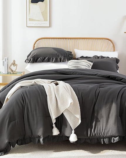 JANZAA Dark Grey Comforter for Queen Size Bed Queen Comforter Set with Ruffles 3PCS (1 Gray Comforter and 2 Pillowcases) Shabby Chic Bedding Comforter Sets Soft Fluffy Bed Set for All Season - LeafyLoom