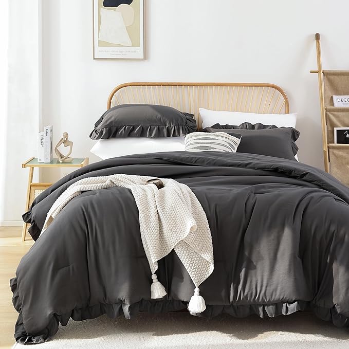 JANZAA Dark Grey Comforter for Queen Size Bed Queen Comforter Set with Ruffles 3PCS (1 Gray Comforter and 2 Pillowcases) Shabby Chic Bedding Comforter Sets Soft Fluffy Bed Set for All Season - LeafyLoom