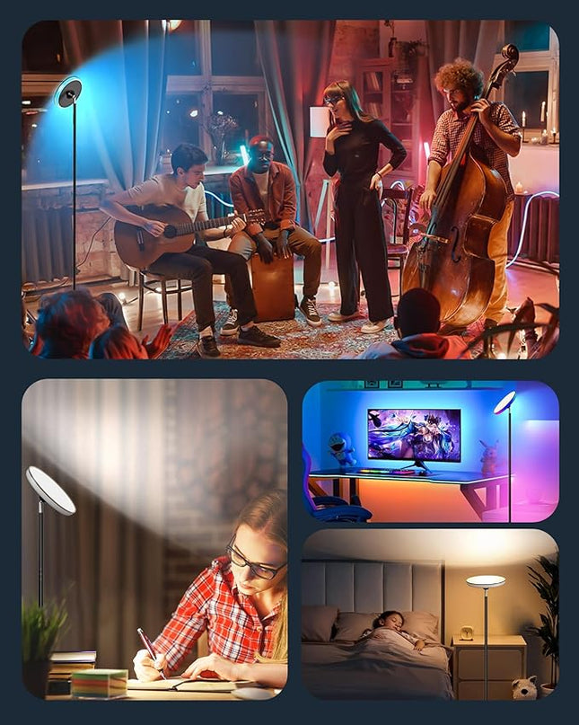 42W Floor Lamp, 3700LM Super Bright Standing Lamp with Side Light & Timer, Tall Lamp with Remote & Touch Control, 2700K-6500K Dimmable Torchiere Floor Lamp for Living Room, Office (Black) - LeafyLoom