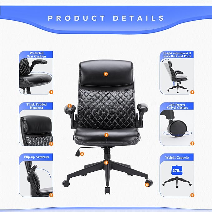 Executive Home Office Chair, Ergonomic Computer Desk Chair with Padded Flip-up Armrests, Adjustable Height, Swivel Rolling Work Study Chair for Home Office Conference Room-Black - LeafyLoom
