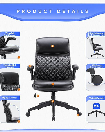COLAMY Home Office Chair 275LBS Executive Leather Office Chair with Padded Flip-up Arms, Adjustable Height and Tilt Lock, Black - LeafyLoom