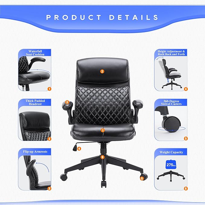 COLAMTY Executive Office Chair 275LBS- Mid Back Computer Desk Chair with Flip-up Arms, Adjustable Height, Rock, Ergonomic Leather Chair Swivel Chair for Home Office - LeafyLoom