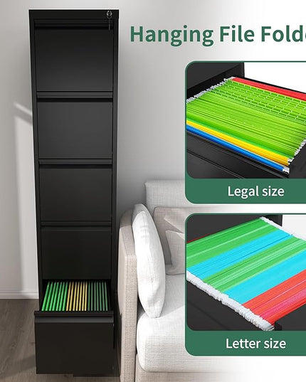 5 Drawer Vertical File Cabinet, Metal File Cabinets with Lock for Home Office, Heavy Duty Office Steel Filing Cabinet for Hanging Files for A4/ Legal/Letter,Assembly Required (Black) - LeafyLoom