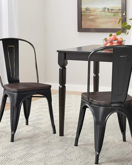 YOUNIKE Metal Dining Chairs Set of 4 Iron Stackable Removable Back Wood Seat Patio Chairs Rubber Feet Stylish Modern Indoor Outdoor Classic Chic Industrial Vintage Bistro Kitchen Matte Black - LeafyLoom