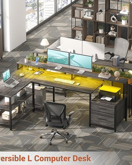 Aheaplus L Shaped Desk with File Drawer, 72.8" Reversible L Shaped Computer Desk with Power Outlet & LED Strip, Gaming Desk with Monitor Stand, Office Desk Corner Desk with Storage Shelf, Grey Oak - LeafyLoom