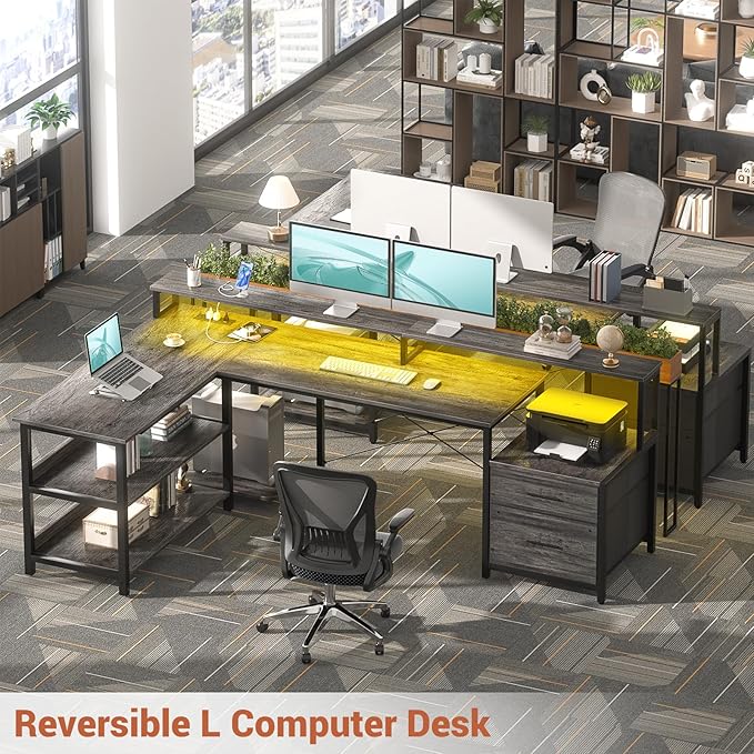Aheaplus L Shaped Desk with File Drawer, 72.8" Reversible L Shaped Computer Desk with Power Outlet & LED Strip, Gaming Desk with Monitor Stand, Office Desk Corner Desk with Storage Shelf, Grey Oak - LeafyLoom
