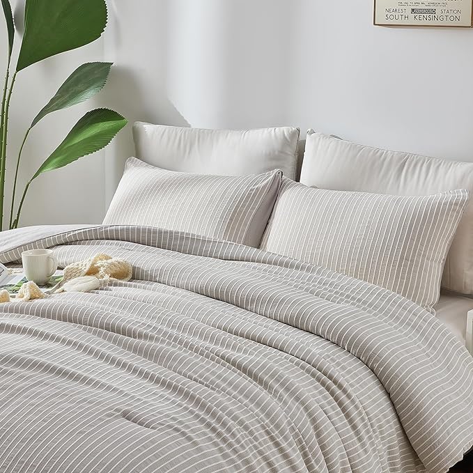 ENCOFT Light Grey King Comforter Set, 3 Piece Soft Microfiber Lightweight Bedding with Comforter, Grey and White Striped Comforter King Bed for All Seasons, with 2 Pillowcases, 104" x 90" - LeafyLoom