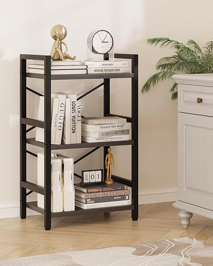 Bookshelf, 3 Tier Industrial Bookcase, Metal Small Bookcase, Rustic Etagere Book Shelf Storage Organizer for Living Room, Bedroom, and Home Office(Grey) Patent Pending D29873033 - LeafyLoom