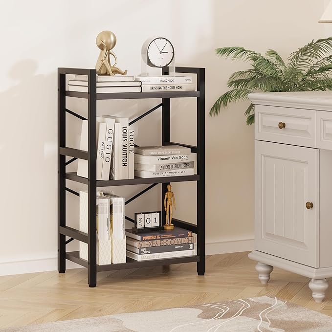 Bookshelf, 3 Tier Industrial Bookcase, Metal Small Bookcase, Rustic Etagere Book Shelf Storage Organizer for Living Room, Bedroom, and Home Office(Grey) Patent Pending D29873033 - LeafyLoom