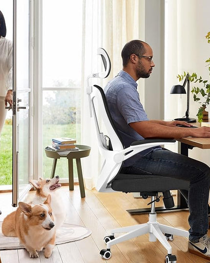 Office Chair 350LBS Capacity,Ergonomic Comfy Home Desk Chair,High Back Gaming Chair with Wheels, Mesh Computer Chair,Lumbar Support, Adjustable Headrest,Flip-up Armrest - LeafyLoom
