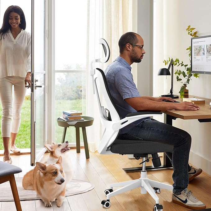 Office Chair 350LBS Capacity,Ergonomic Comfy Home Desk Chair,High Back Gaming Chair with Wheels, Mesh Computer Chair,Lumbar Support, Adjustable Headrest,Flip-up Armrest - LeafyLoom
