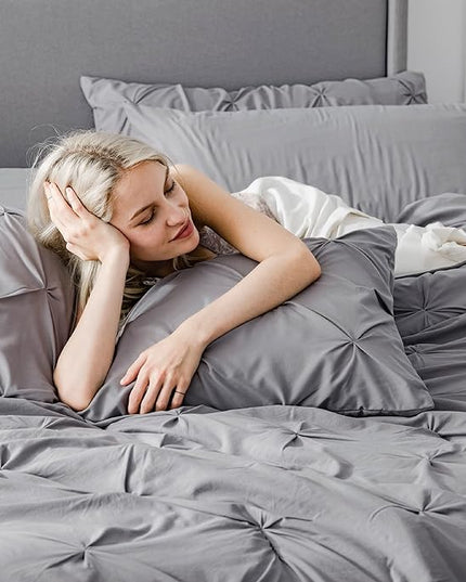 Bedsure Queen Comforter Set - Bed in a Bag Queen 7 Pieces, Pintuck Bedding Sets Grey Bed Set with Comforter, Sheets, Pillowcases & Shams - LeafyLoom