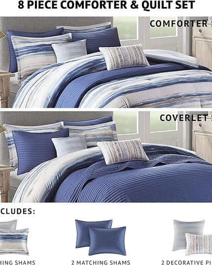 Madison Park Marina Comforter Quilt Combo Set - Modern Luxury Design, All Season Down Alternative Bedding, Matching Shams, Decorative Pillows, King/Cal King(104"x92") Seersucker Blue 8 Piece - LeafyLoom