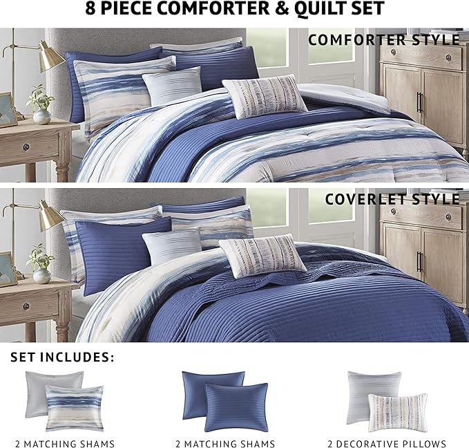 Madison Park Marina Comforter Quilt Combo Set - Modern Luxury Design, All Season Down Alternative Bedding, Matching Shams, Decorative Pillows, King/Cal King(104"x92") Seersucker Blue 8 Piece - LeafyLoom