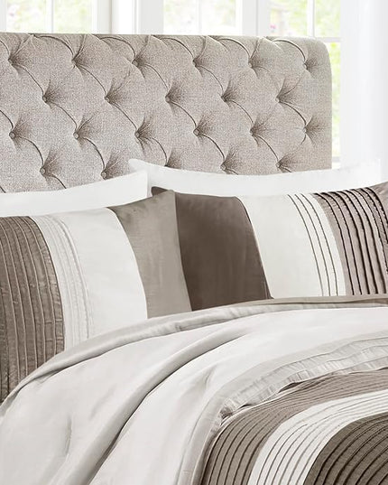 Madison Park Amherst Faux Silk Comforter Set-Casual Contemporary Design All Season Down Alternative Bedding, Matching Shams, Bedskirt, Decorative Pillows, Cal King(104"x92"), Natural, 7 Piece - LeafyLoom