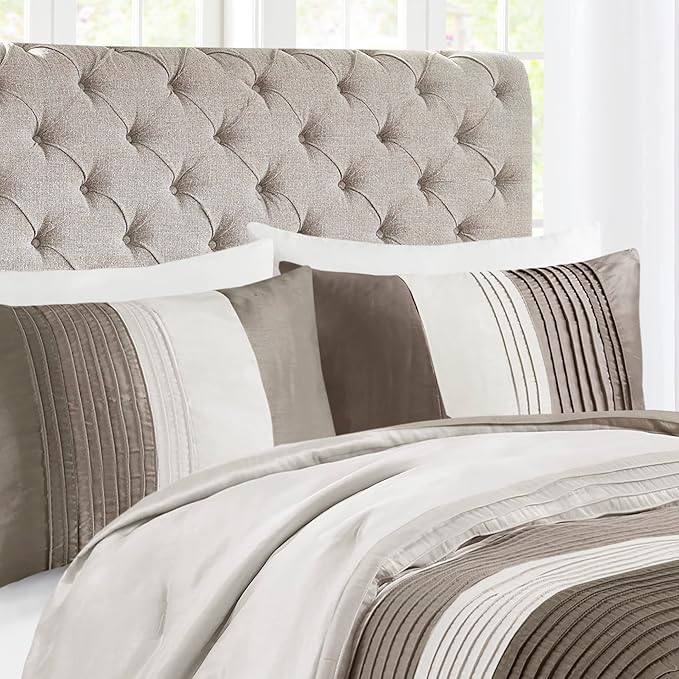 Madison Park Amherst Faux Silk Comforter Set-Casual Contemporary Design All Season Down Alternative Bedding, Matching Shams, Bedskirt, Decorative Pillows, Cal King(104"x92"), Natural, 7 Piece - LeafyLoom