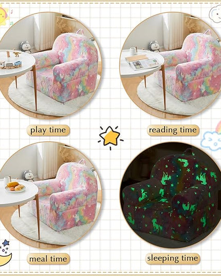 Toddler Chair Kids Plush Chair Sherpa Kids Chairs, Toddler Couch Bean Bag Chairs for Kids Gaming Chair for Kids Glow in The Dark, Rainbow Pink - LeafyLoom