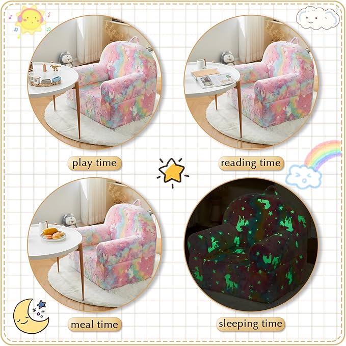 Toddler Chair Kids Plush Chair Sherpa Kids Chairs, Toddler Couch Bean Bag Chairs for Kids Gaming Chair for Kids Glow in The Dark, Rainbow Pink - LeafyLoom