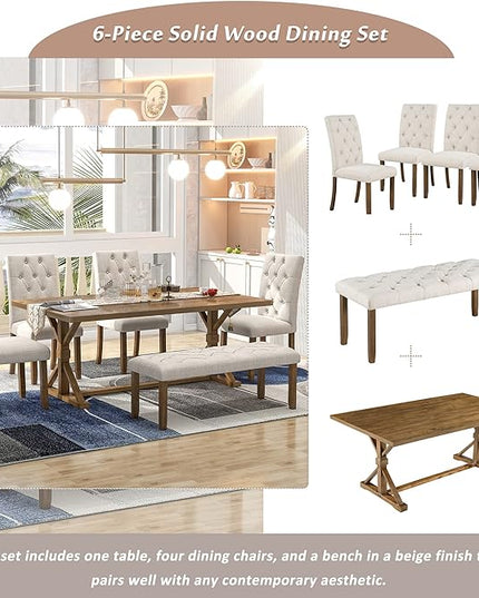 6-Piece Farmhouse Dining Table Set Wood Rectangular Tabletop, 4 Tufted Upholstered Chairs and Bench, for Dinette Room and Kitchen, Walnut, 72" L x 42" W x 30" H - LeafyLoom