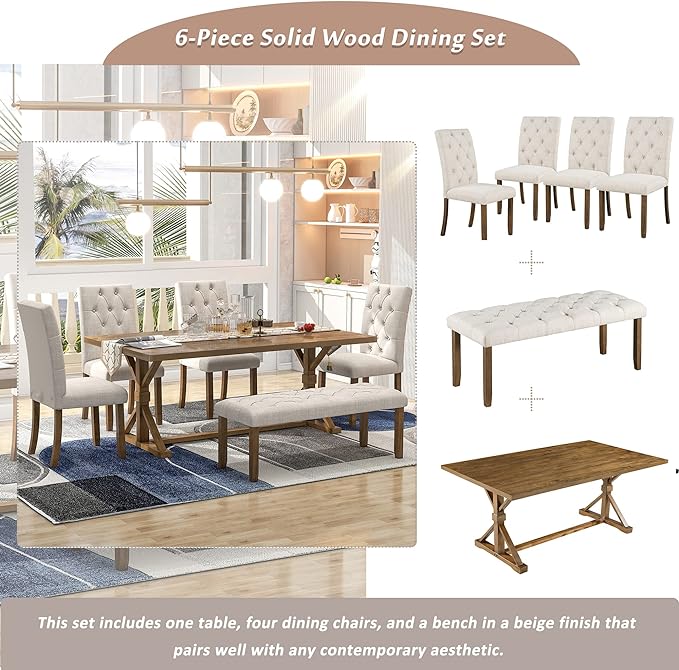 6-Piece Farmhouse Dining Table Set Wood Rectangular Tabletop, 4 Tufted Upholstered Chairs and Bench, for Dinette Room and Kitchen, Walnut, 72" L x 42" W x 30" H - LeafyLoom