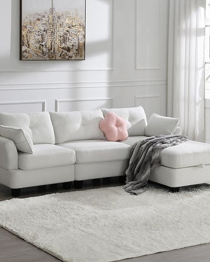 92" Modern Teddy Velvet Sectional Sofa with Charging Ports on Each Side,L-Shaped Couch with Removable Storage Ottoman,for Living Room,Apartment,Bedroom,Offices,Beige - LeafyLoom
