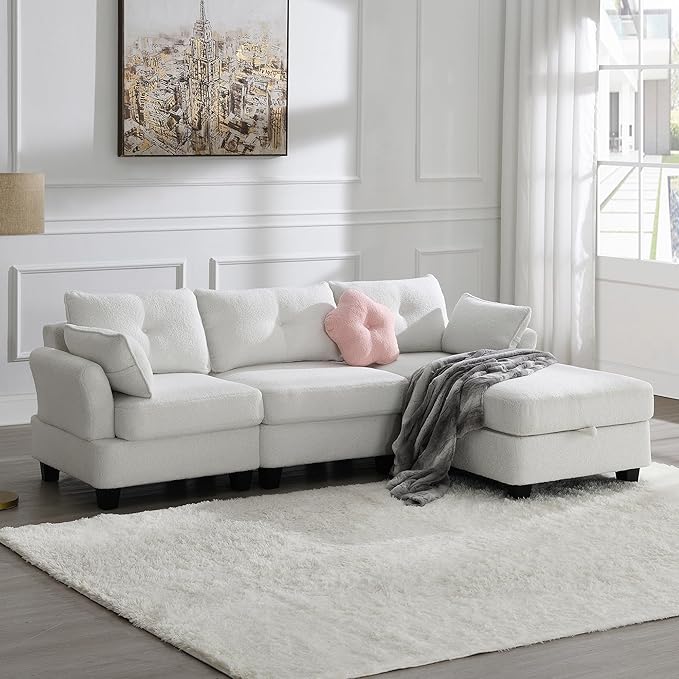 92" Modern Teddy Velvet Sectional Sofa with Charging Ports on Each Side,L-Shaped Couch with Removable Storage Ottoman,for Living Room,Apartment,Bedroom,Offices,Beige - LeafyLoom