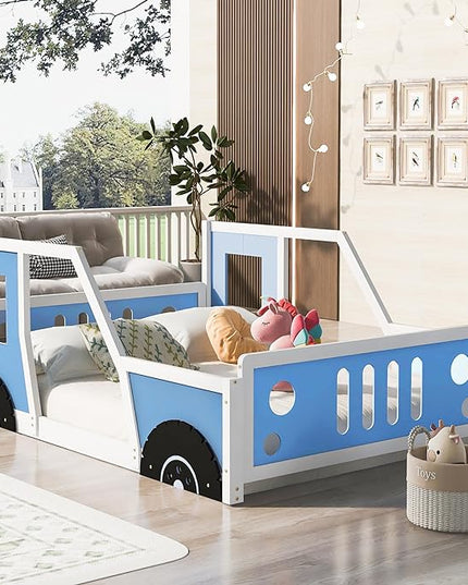 Full Size Classic Race Car Bed Platform Bed with Car Head,Wheels and Tail,Wood Bed Frame W/Slatted Rail Supports,Doors & Windows,for Kids Boys Girls Teens,Blue - LeafyLoom