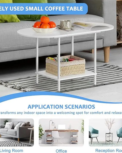 Small Oval Coffee Tables Modern Low Coffee Table for Small Space Mid Century Center Side Table with Open Shelving for Storage, Display, and Furniture Living Room & Home Office - LeafyLoom