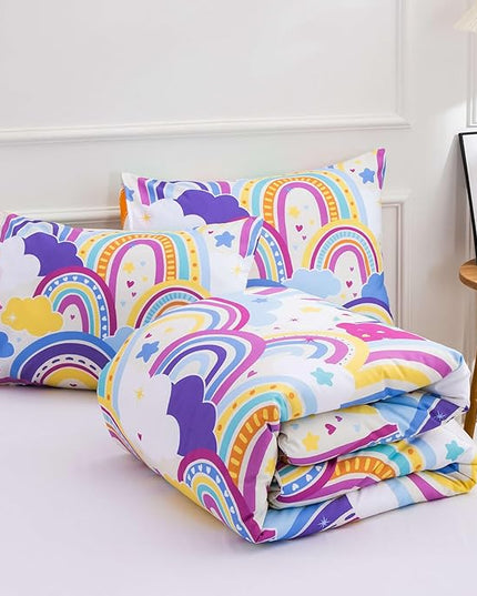 Btargot Lightweight Soft 3 Piece Rainbow Comforter Set with 2 Pillow Covers, Cartoon Love Hearts Flowers and Sun Star Bedding Set for Girls Boys Kids,Queen Light Purple - LeafyLoom