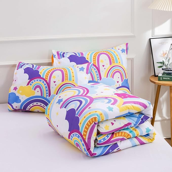 Btargot Lightweight Soft 3 Piece Rainbow Comforter Set with 2 Pillow Covers, Cartoon Love Hearts Flowers and Sun Star Bedding Set for Girls Boys Kids,Queen Light Purple - LeafyLoom