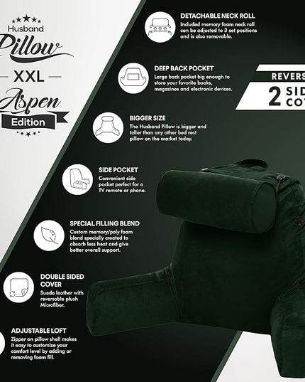 Husband Pillow XXL Aspen Edition, Adult Reading Sit Up Bed Rest Pillow for Bed with Arms & Neck Roll on Bungee Cord - Premium Memory Foam, Reversible 2 Sided Cover Micro Suede or Plush, Ramona Green - LeafyLoom