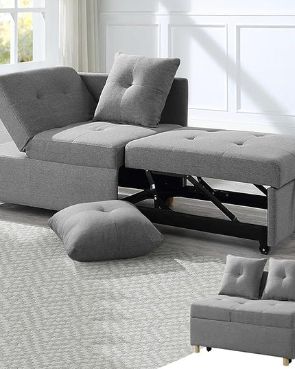 4-in-1 Convertible Sleeper Sofa, Single Pull Out Couch Chair with 6-Level Adjust Backrest Loveseat with Storage and Pillows, Modern Recliner for Living Room Apartment Office, Grey - LeafyLoom