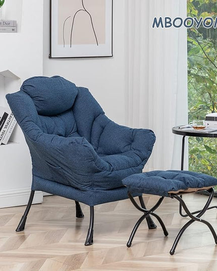 Lazy Chair with Ottoman, Modern Soft Reading Chair Accent Contemporary Lounge Leisure Sofa Chair with Armrests and a Side Pocket for Living Room, Bedroom, Dorm & Office, Dark Blue - LeafyLoom