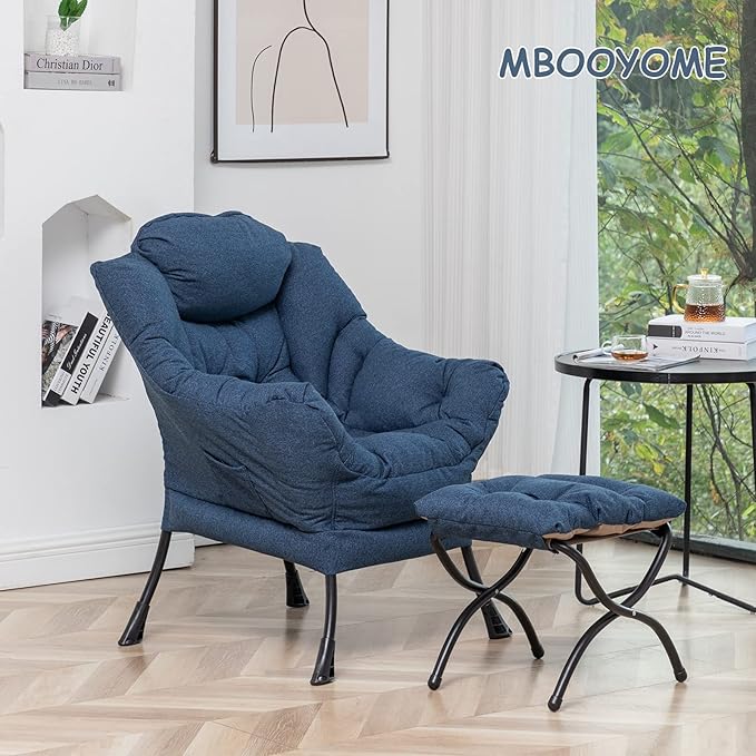 Lazy Chair with Ottoman, Modern Soft Reading Chair Accent Contemporary Lounge Leisure Sofa Chair with Armrests and a Side Pocket for Living Room, Bedroom, Dorm & Office, Dark Blue - LeafyLoom